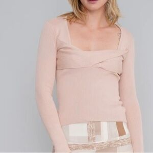 LE SUPERBE Twisted Sister Open Neckline Top Rib Knit Long Sleeve Nude Sz S NEW